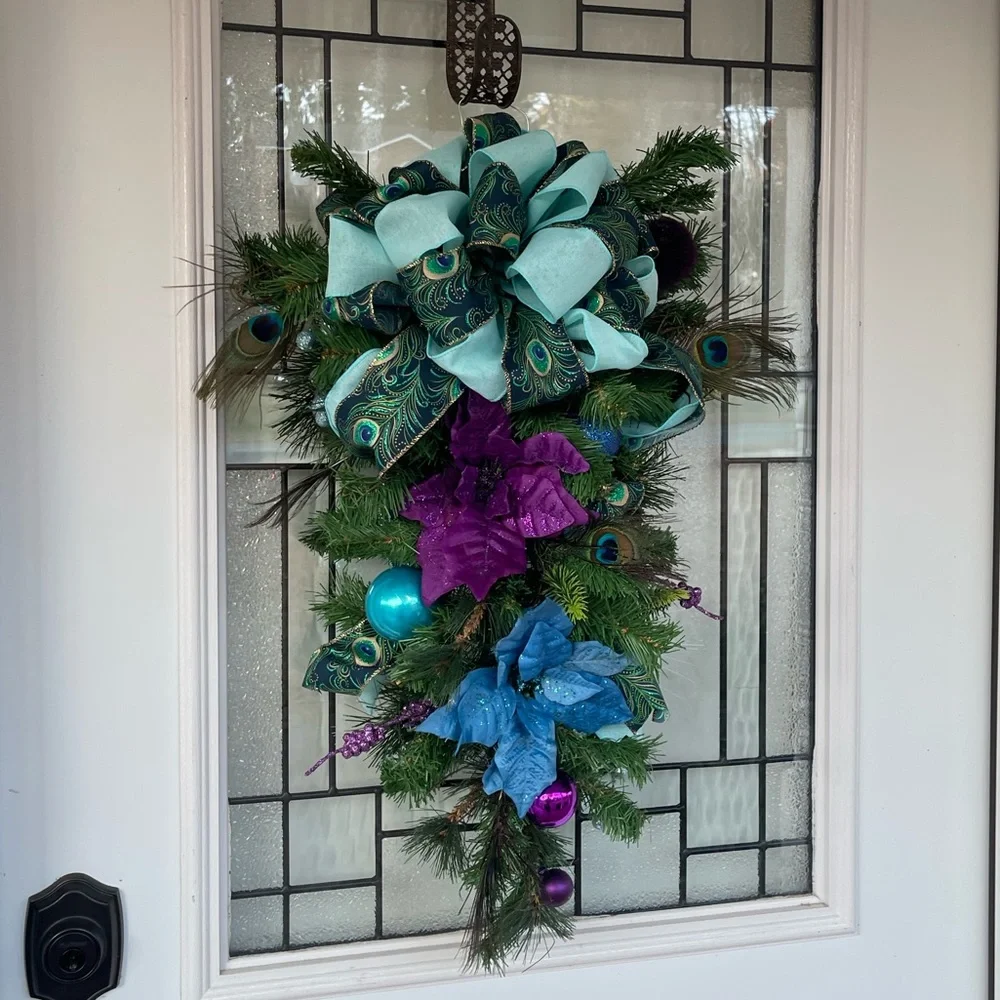 ***Peacock Theme Christmas Teardrop Swag for Front Door